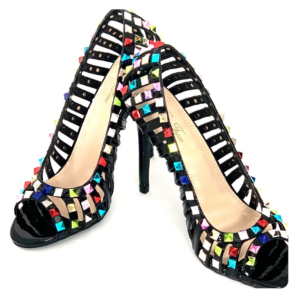 Multi-Color Studded Open Peep Toe Heels